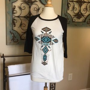 3/4 Sleeve T Shirt with Aztec print. Size M.